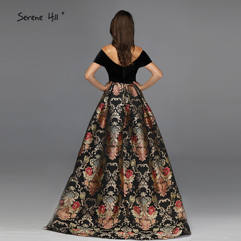 Verkauf Schwarz Off Schulter 3D Blumen Abendkleider 2025 Kurzarm A-linie Sexy Formale Kleid LA70016 