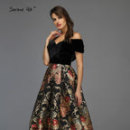 Verkauf Schwarz Off Schulter 3D Blumen Abendkleider 2025 Kurzarm A-linie Sexy Formale Kleid LA70016 