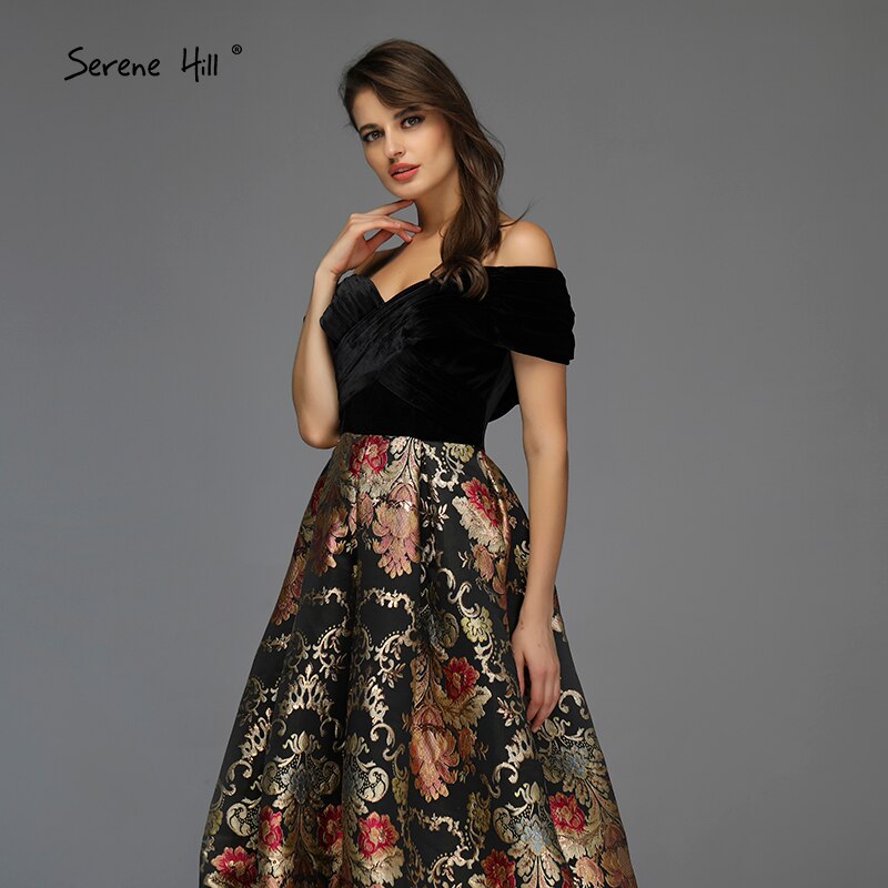 Verkauf Schwarz Off Schulter 3D Blumen Abendkleider 2025 Kurzarm A-linie Sexy Formale Kleid LA70016 
