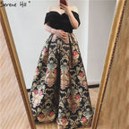 Verkauf Schwarz Off Schulter 3D Blumen Abendkleider 2025 Kurzarm A-linie Sexy Formale Kleid LA70016 
