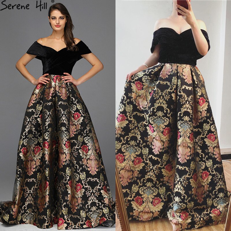 Verkauf Schwarz Off Schulter 3D Blumen Abendkleider 2025 Kurzarm A-linie Sexy Formale Kleid LA70016 