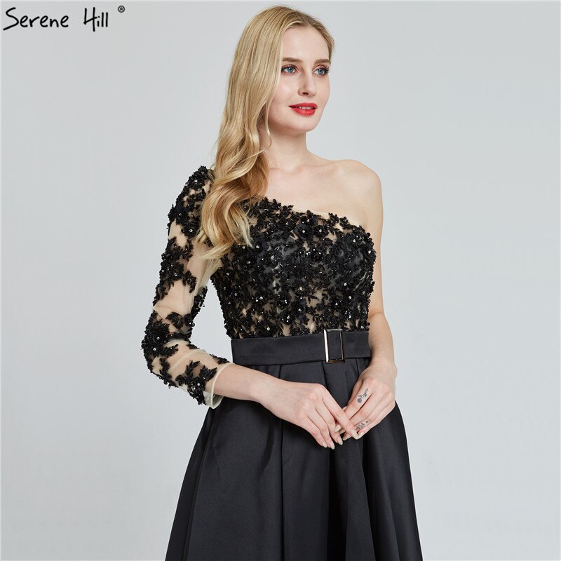 Schwarz Off Schulter Sexy A-linie Abendkleider 2025 Handgemachte Blumen Kristall Satin Formale Kleid LA70038 
