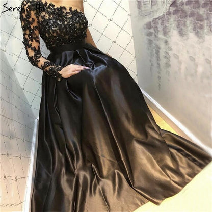 Schwarz Off Schulter Sexy A-linie Abendkleider 2025 Handgemachte Blumen Kristall Satin Formale Kleid LA70038 