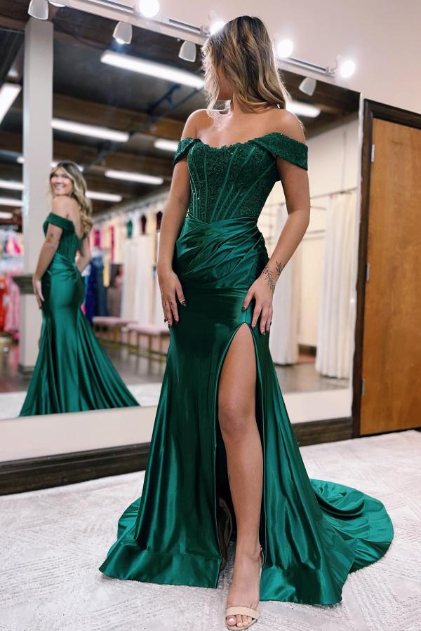 Vestidos de fiesta largos de encaje satinado con hombros descubiertos y abertura