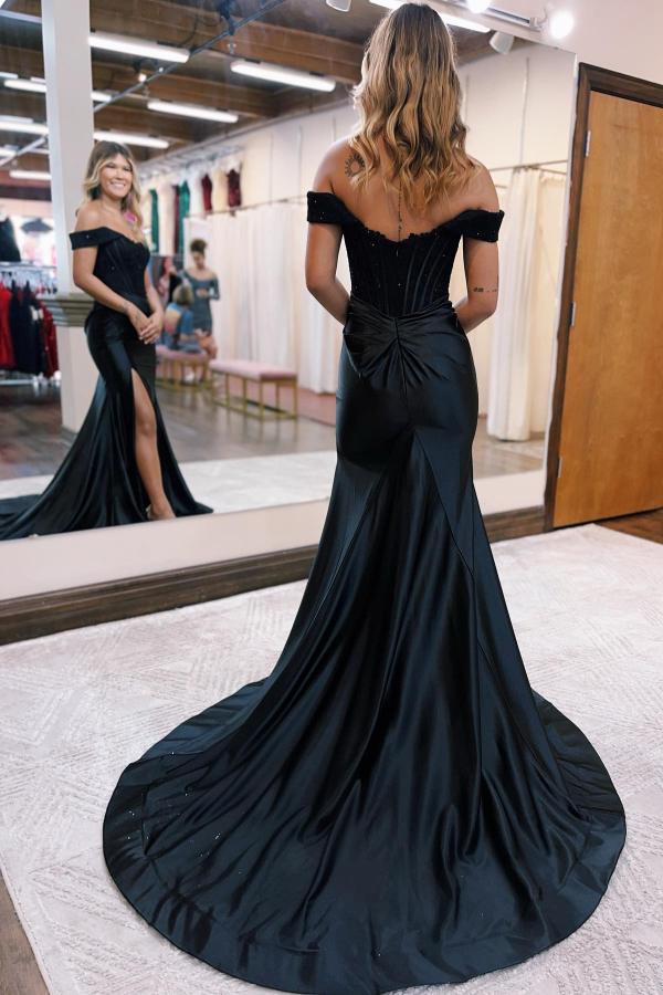 Vestidos de fiesta largos de encaje satinado con hombros descubiertos y abertura