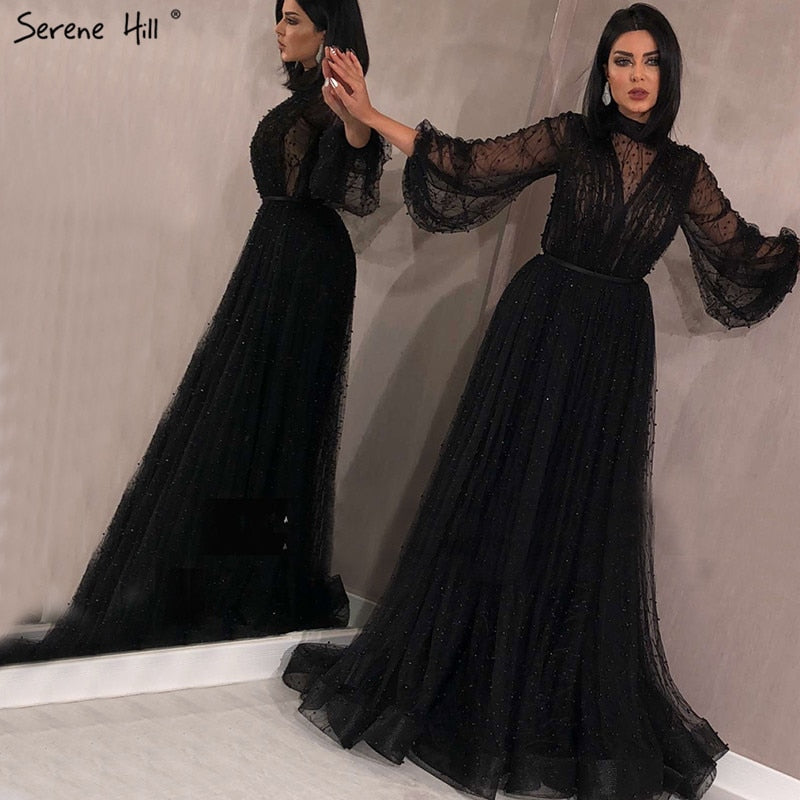 Vestidos de noche negros con perlas color melocotón, corte A, último diseño 2025, mangas largas, sexys, tallas grandes LA60835 