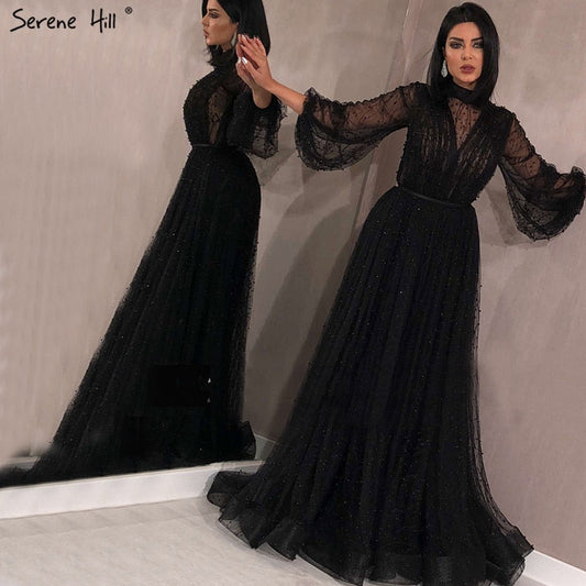 Vestidos de noche negros con perlas color melocotón, corte A, último diseño 2025, mangas largas, sexys, tallas grandes LA60835 