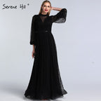 Vestidos de noche negros con perlas color melocotón, corte A, último diseño 2025, mangas largas, sexys, tallas grandes LA60835 
