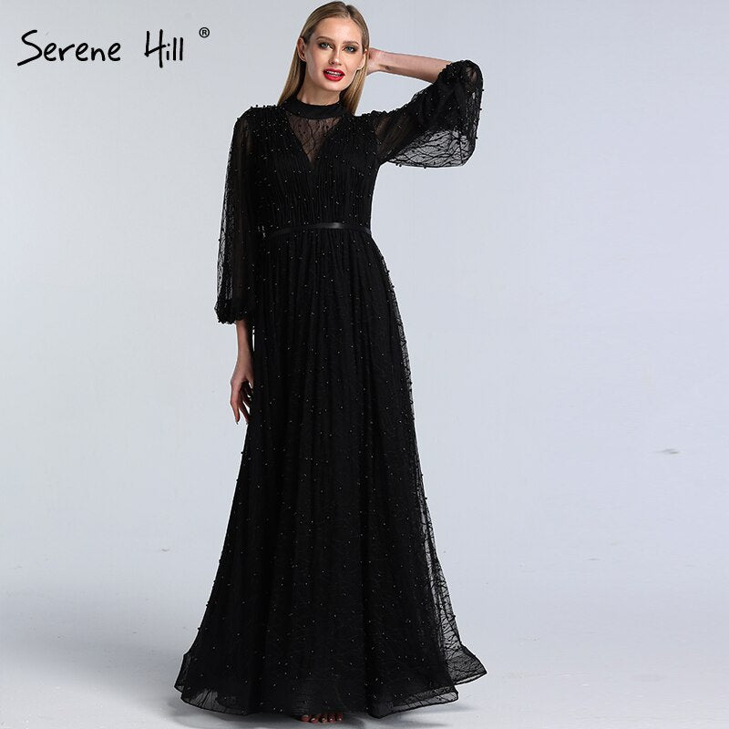 Vestidos de noche negros con perlas color melocotón, corte A, último diseño 2025, mangas largas, sexys, tallas grandes LA60835 