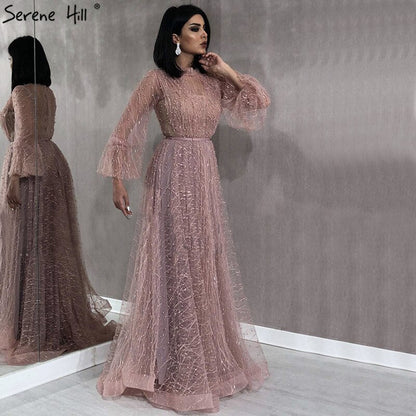 Vestidos de noche negros con perlas color melocotón, corte A, último diseño 2025, mangas largas, sexys, tallas grandes LA60835 