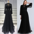 Vestidos de noche negros con perlas color melocotón, corte A, último diseño 2025, mangas largas, sexys, tallas grandes LA60835 