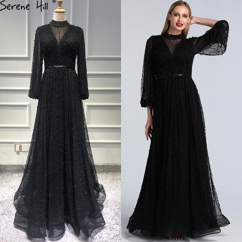 Vestidos de noche negros con perlas color melocotón, corte A, último diseño 2025, mangas largas, sexys, tallas grandes LA60835 