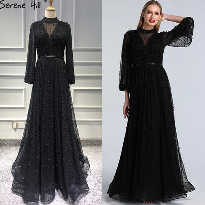 Vestidos de noche negros con perlas color melocotón, corte A, último diseño 2025, mangas largas, sexys, tallas grandes LA60835 