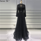 Vestidos de noche negros con perlas color melocotón, corte A, último diseño 2025, mangas largas, sexys, tallas grandes LA60835 