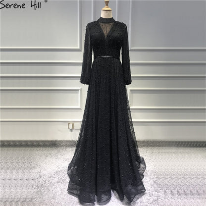 Vestidos de noche negros con perlas color melocotón, corte A, último diseño 2025, mangas largas, sexys, tallas grandes LA60835 