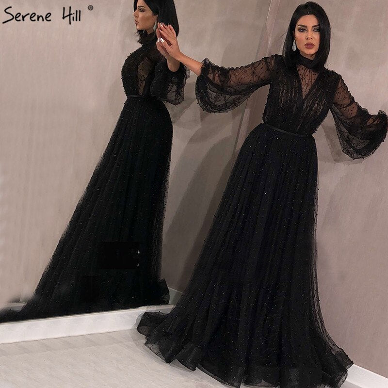 Vestidos de noche negros con perlas color melocotón, corte A, último diseño 2025, mangas largas, sexys, tallas grandes LA60835 