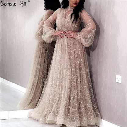 Vestidos de noche negros con perlas color melocotón, corte A, último diseño 2025, mangas largas, sexys, tallas grandes LA60835 