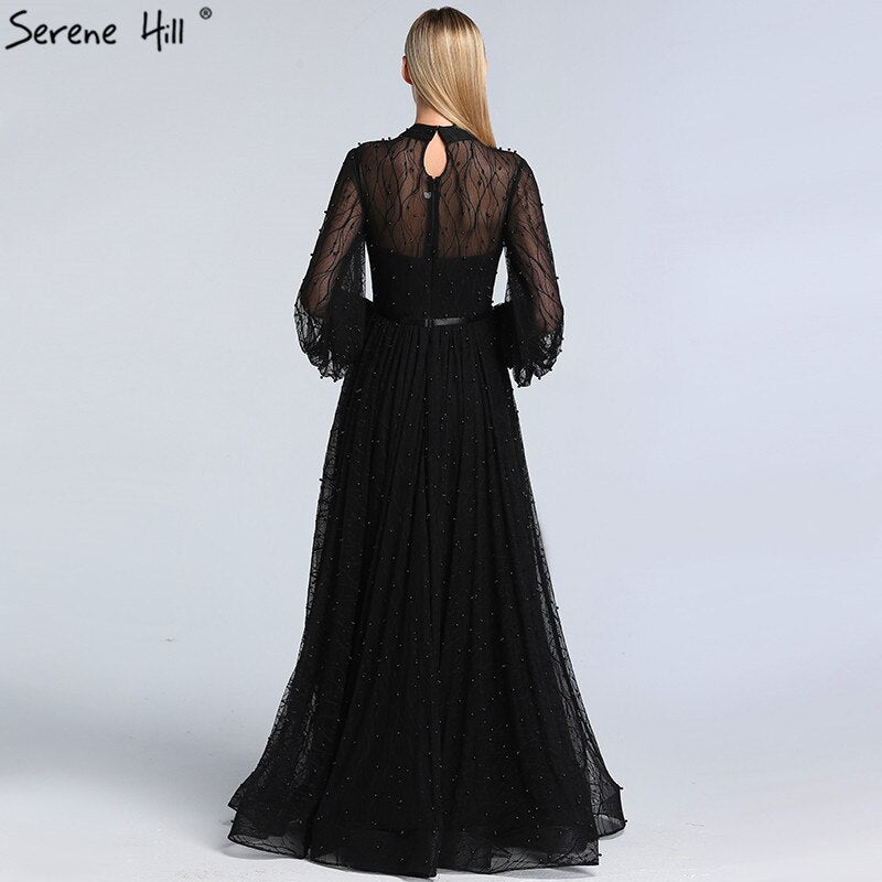 Vestidos de noche negros con perlas color melocotón, corte A, último diseño 2025, mangas largas, sexys, tallas grandes LA60835 