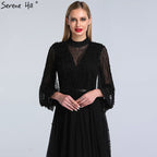 Vestidos de noche negros con perlas color melocotón, corte A, último diseño 2025, mangas largas, sexys, tallas grandes LA60835 