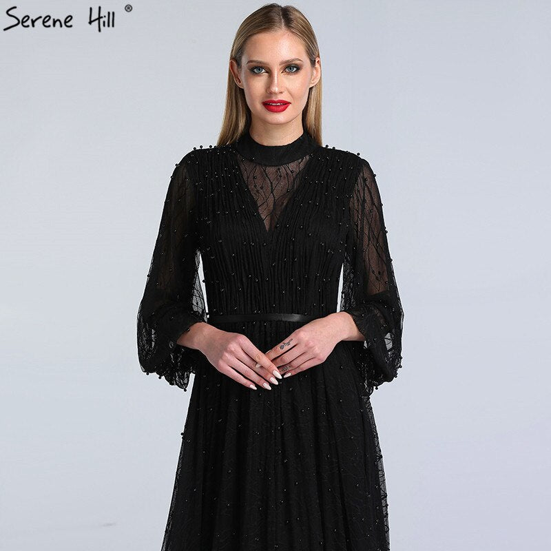 Vestidos de noche negros con perlas color melocotón, corte A, último diseño 2025, mangas largas, sexys, tallas grandes LA60835 