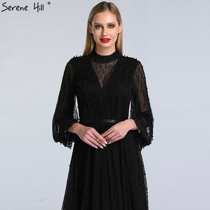 Vestidos de noche negros con perlas color melocotón, corte A, último diseño 2025, mangas largas, sexys, tallas grandes LA60835 