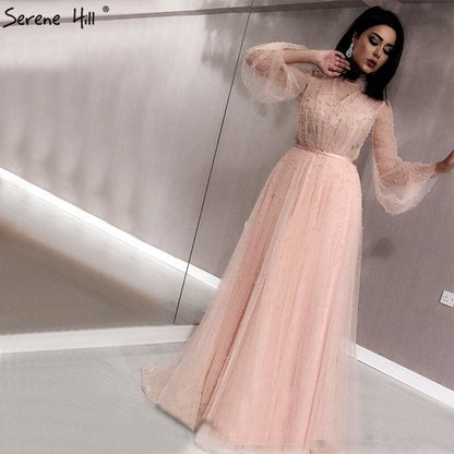Vestidos de noche negros con perlas color melocotón, corte A, último diseño 2025, mangas largas, sexys, tallas grandes LA60835 