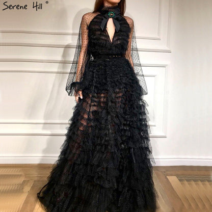 Vestidos de noche sexys negros con perspectiva 2025, mangas largas y lazo recortado, LA60906 