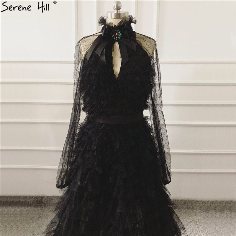 Vestidos de noche sexys negros con perspectiva 2025, mangas largas y lazo recortado, LA60906 