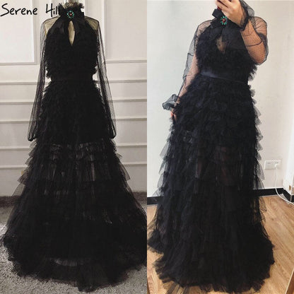 Vestidos de noche sexys negros con perspectiva 2025, mangas largas y lazo recortado, LA60906 