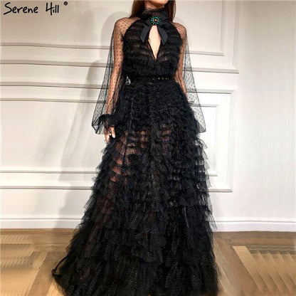 Vestidos de noche sexys negros con perspectiva 2025, mangas largas y lazo recortado, LA60906 