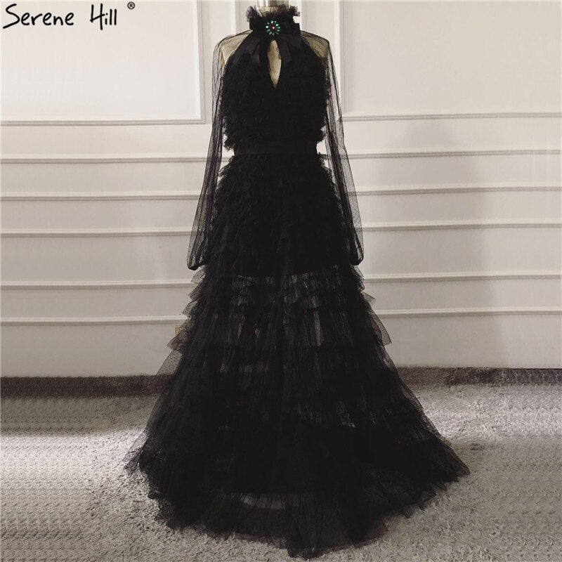 Vestidos de noche sexys negros con perspectiva 2025, mangas largas y lazo recortado, LA60906 