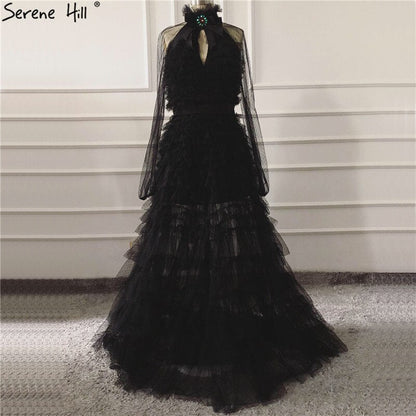 Vestidos de noche sexys negros con perspectiva 2025, mangas largas y lazo recortado, LA60906 