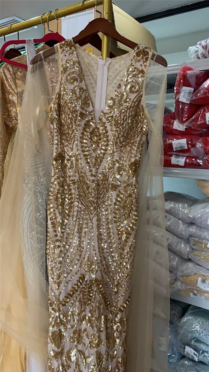 Schwarzes, sexy Abendkleid mit V-Ausschnitt und Pailletten im Meerjungfrauen-Stil, ärmellos, funkelnd, Design 2025 LA70117 