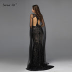 Schwarzes, sexy Abendkleid mit V-Ausschnitt und Pailletten im Meerjungfrauen-Stil, ärmellos, funkelnd, Design 2025 LA70117 