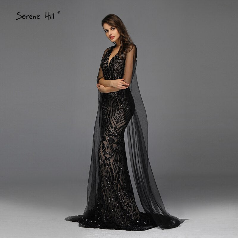 Schwarzes, sexy Abendkleid mit V-Ausschnitt und Pailletten im Meerjungfrauen-Stil, ärmellos, funkelnd, Design 2025 LA70117 