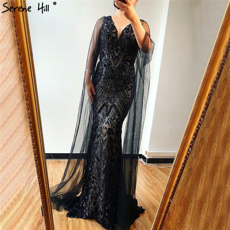Schwarzes, sexy Abendkleid mit V-Ausschnitt und Pailletten im Meerjungfrauen-Stil, ärmellos, funkelnd, Design 2025 LA70117 