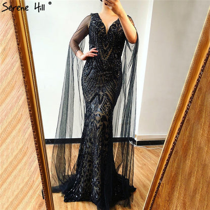 Schwarzes, sexy Abendkleid mit V-Ausschnitt und Pailletten im Meerjungfrauen-Stil, ärmellos, funkelnd, Design 2025 LA70117 