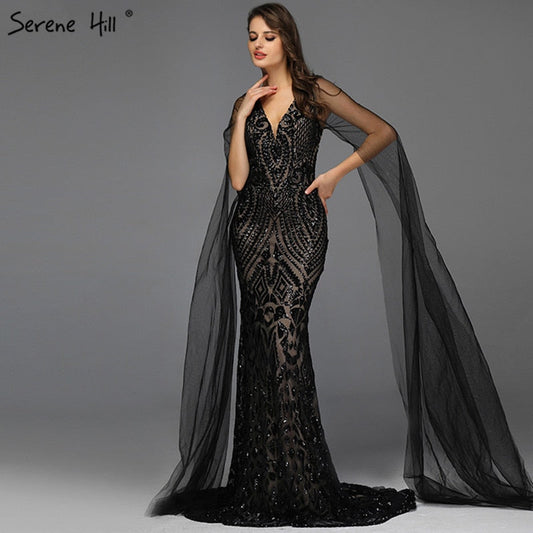 Schwarzes, sexy Abendkleid mit V-Ausschnitt und Pailletten im Meerjungfrauen-Stil, ärmellos, funkelnd, Design 2025 LA70117 