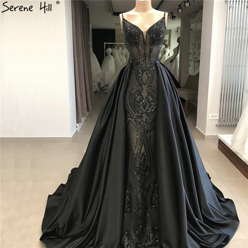 Vestidos de noche negros con escote en V, sexys y brillantes, diseño de Dubái, con lentejuelas y sin mangas, foto real LA60727