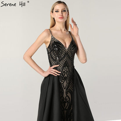 Vestidos de noche negros con escote en V, sexys y brillantes, diseño de Dubái, con lentejuelas y sin mangas, foto real LA60727