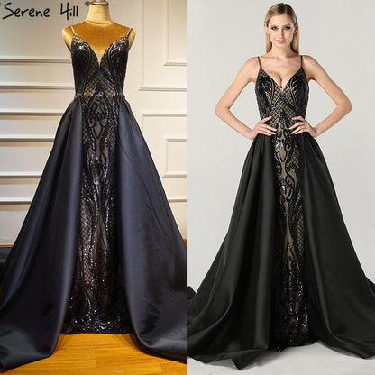 Vestidos de noche negros con escote en V, sexys y brillantes, diseño de Dubái, con lentejuelas y sin mangas, foto real LA60727