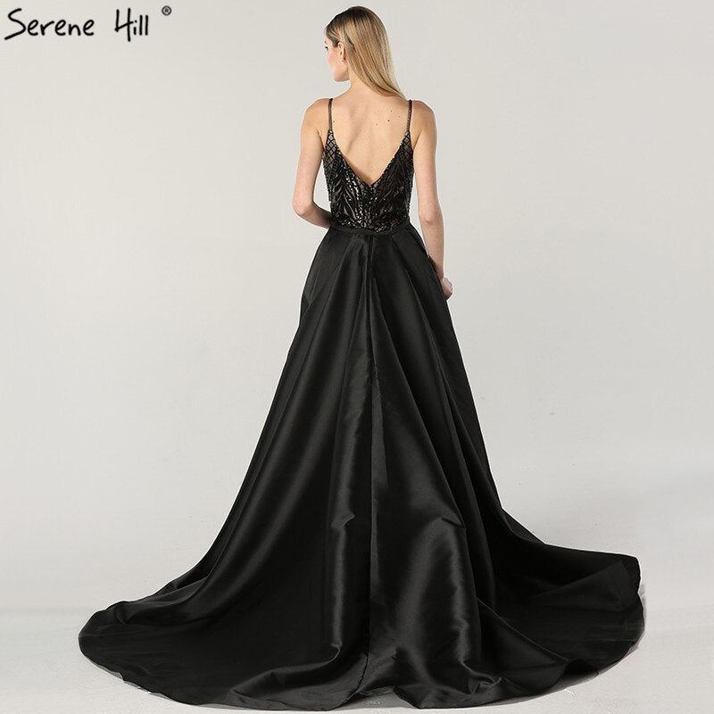 Vestidos de noche negros con escote en V, sexys y brillantes, diseño de Dubái, con lentejuelas y sin mangas, foto real LA60727