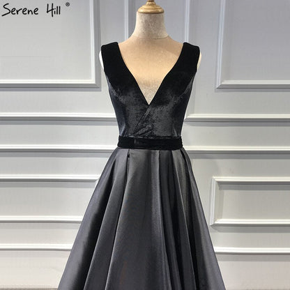 En oferta, sin devoluciones ni reembolsos. Oferta: Vestido de noche sexy de terciopelo negro sin mangas, corte A, foto real, escote en V profundo, LA60951. 