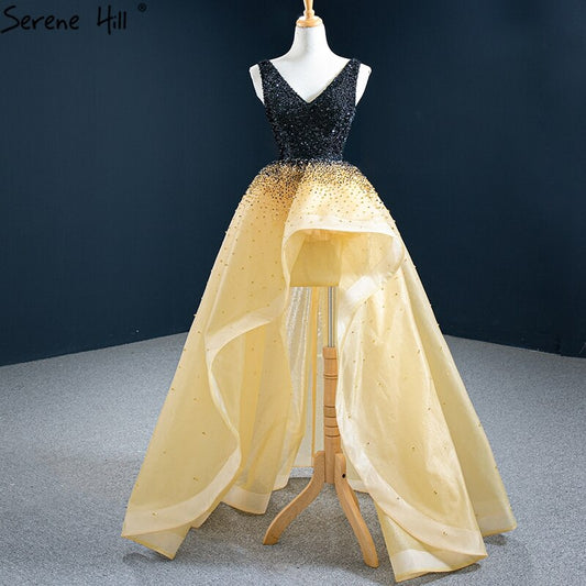 Vestido de noche asimétrico de lujo en negro y amarillo, 2025, escote en V y cuentas, vestido formal de alta calidad HM67141 