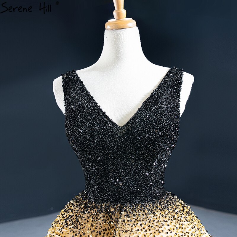 Vestido de noche asimétrico de lujo en negro y amarillo, 2025, escote en V y cuentas, vestido formal de alta calidad HM67141 