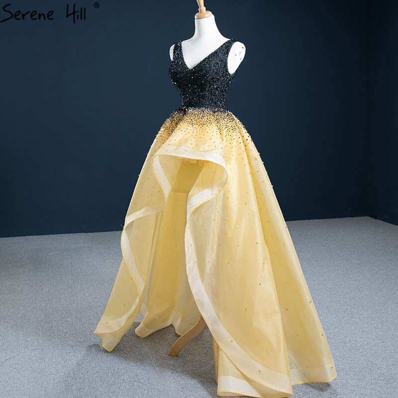 Vestido de noche asimétrico de lujo en negro y amarillo, 2025, escote en V y cuentas, vestido formal de alta calidad HM67141 