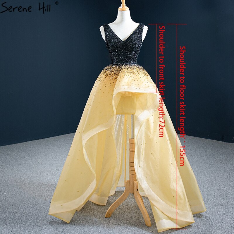 Schwarz Gelb Asymmetrische Luxus Abendkleider 2025 V-ausschnitt Perlen Hohe Qualität Formale Kleid HM67141 