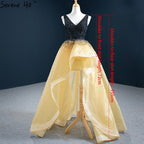 Schwarz Gelb Asymmetrische Luxus Abendkleider 2025 V-ausschnitt Perlen Hohe Qualität Formale Kleid HM67141 
