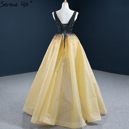 Vestido de noche asimétrico de lujo en negro y amarillo, 2025, escote en V y cuentas, vestido formal de alta calidad HM67141 