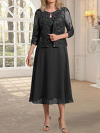 Vestido de gasa con encaje y lentejuelas para madre de la novia, corte A, escote redondo y largo hasta la rodilla